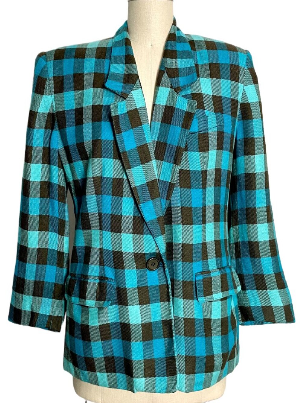 Anne Klein II Blazer Vintage 80s Linen Plaid Jacket T ILGWU Made in USA